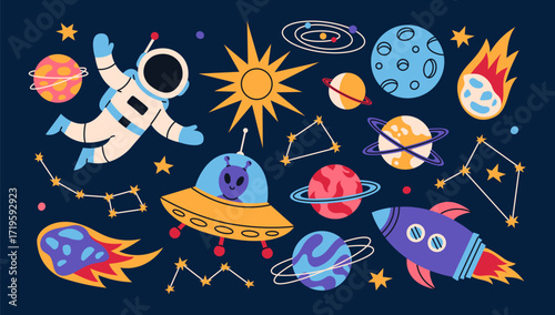 Collection of cartoon space doodles. Galactic elements, planets, asteroid, meteorite, rocket, UFO, constellation and astronaut. Trendy colorful groovy illustration.