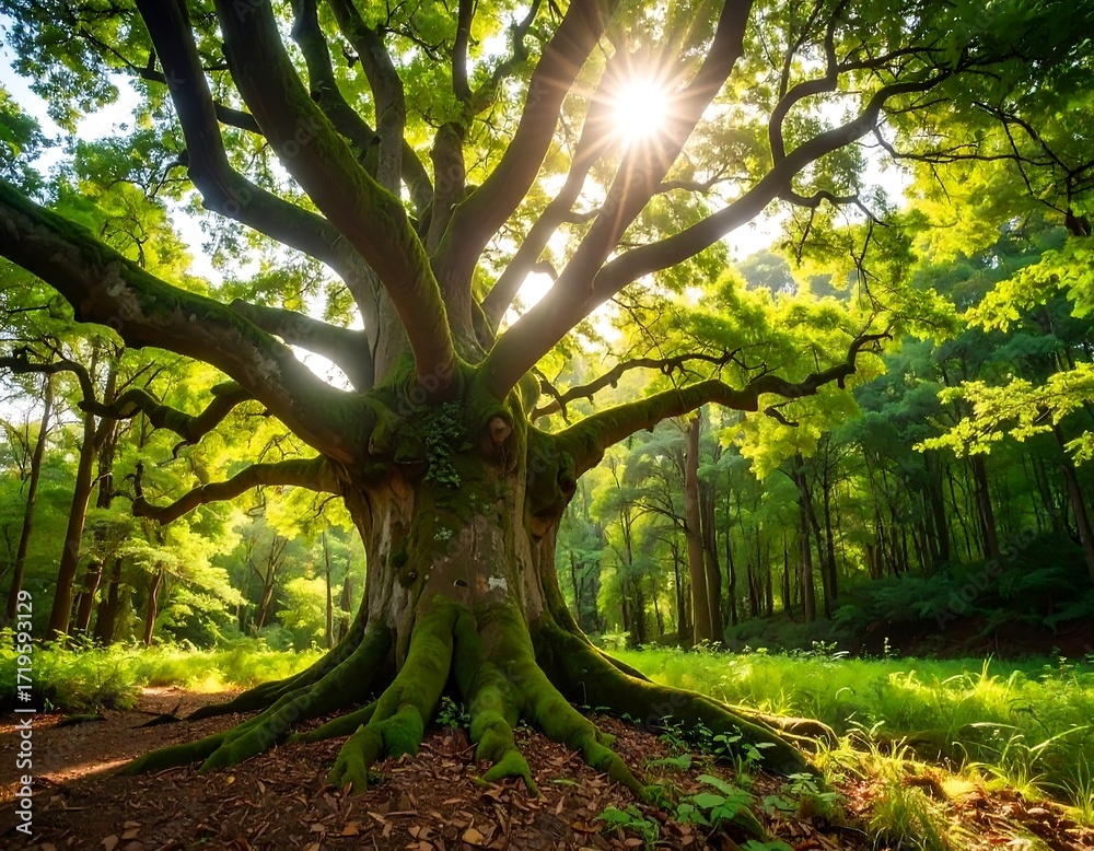 Fototapeta premium Majestic tree in a sunlit forest