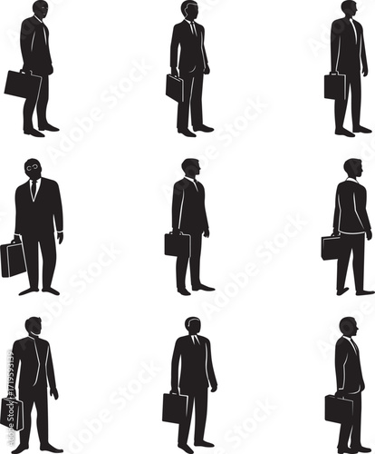 A collection of Man in suit holding briefcase standing silhouette vector, black and white silhouette vector illustration