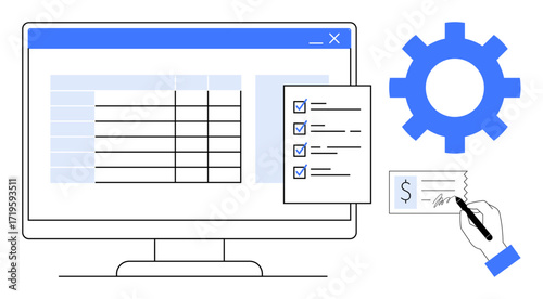 Monitor displaying a table with checklist, gear icon, hand signing document. Ideal for task management, automation, business solutions, productivity, organization, process planning simple flat