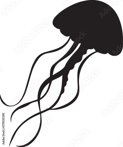 Black jellyfish tentacles and bell marine life ocean silhouette vector, black and white silhouette vector illustration