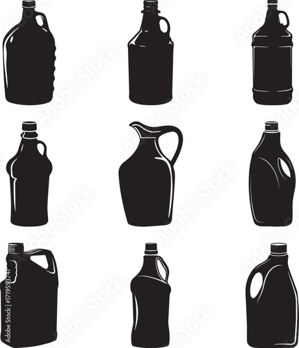 A collection of Black plastic jug silhouette vector, black and white silhouette vector illustration
