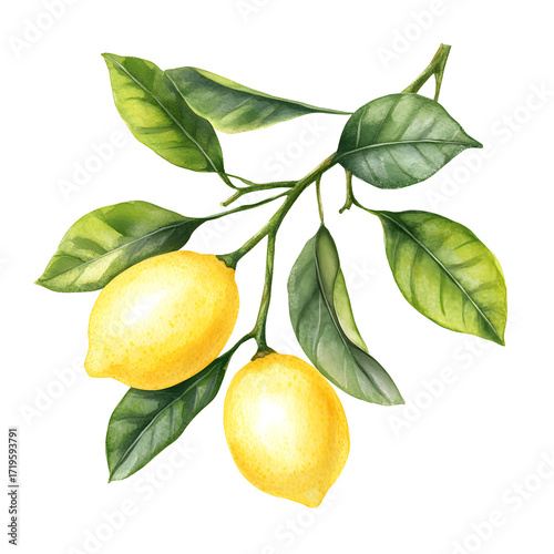 Lemon branch with leaves, watercolor hand painted citrus fruit illustration, fresh yellow botanical design for kitchen, card, packaging or food decor

