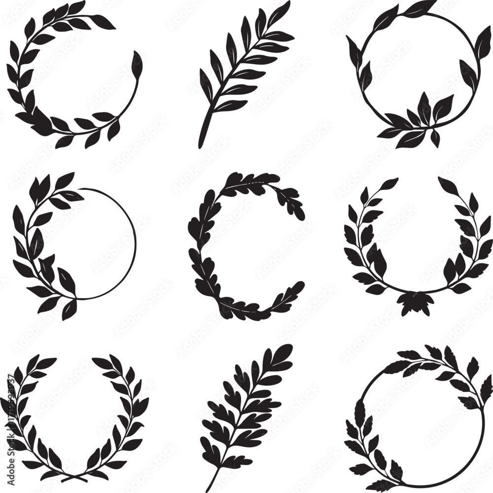 Fototapeta premium A collection of Black Laurel wreaths hand drawn silhouette vector, black and white silhouette vector illustration