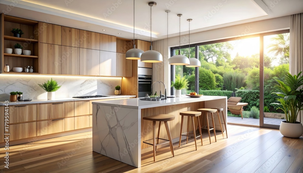 Fototapeta premium Sunlit Modern Kitchen with Wood Cabinets Marble Island and Garden View