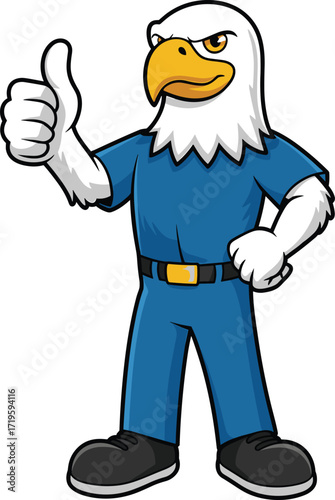 Patriotic bald eagle mascot with a confident and friendly expression, giving a thumbs up.