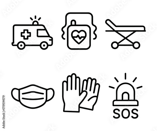 emergency medical outline icons ,ambulance, defibrillator, stretcher, mask, gloves