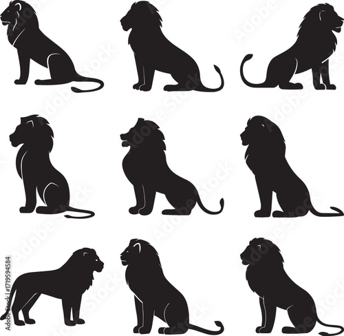 A collection of Black lion silhouette vector, black and white silhouette vector illustration