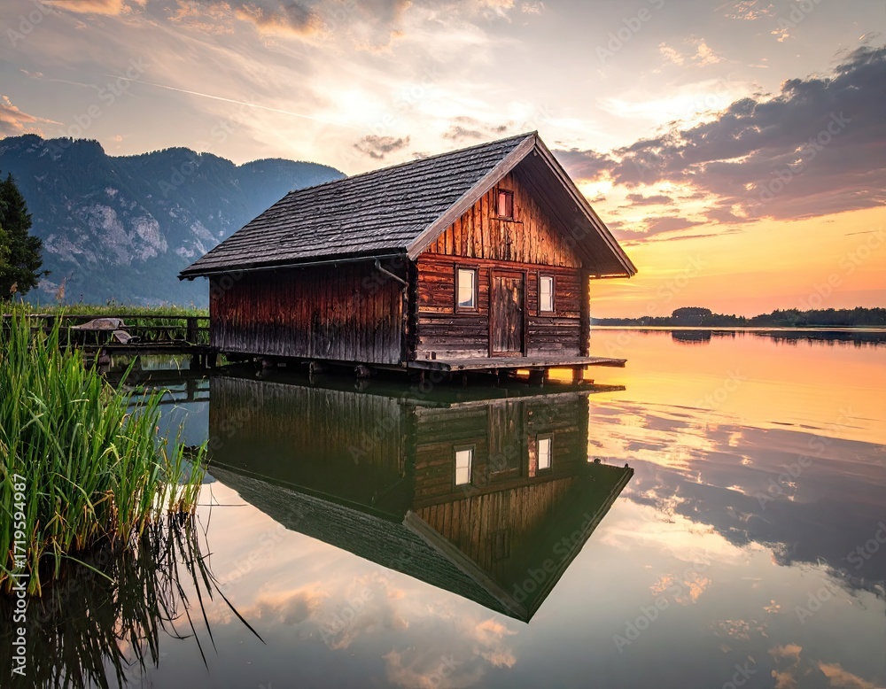 Fototapeta premium Lake House Sunset Reflection
