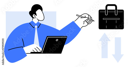 Person in blue shirt using laptop, holding pen near black briefcase and arrows. Ideal for business workflow, productivity, decision-making, management, strategy, career growth, simple flat metaphor