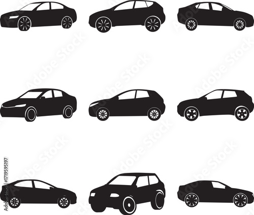 A collection of Black a modern car automobile vehicle silhouette vector, black and white silhouette vector illustration