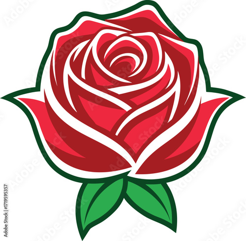 Elegant Red Rose Illustration with Green Leaves and Stem Outline Isolated