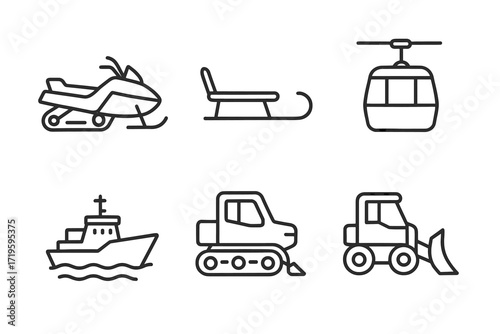 Winter and transport icons: snowmobile, sledge, cable car, ship, snowcat, snowplow