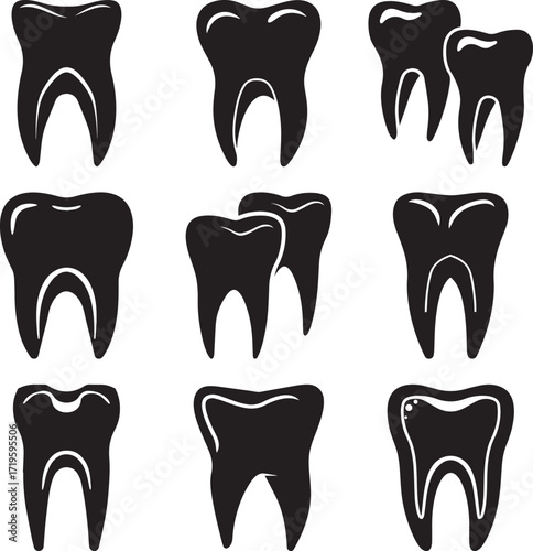 A collection of Black molar tooth silhouette vector, black and white silhouette vector illustration