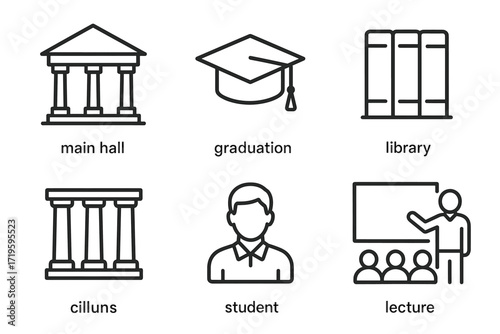 Academic icons set: library, graduation cap, lecture, and student symbols
