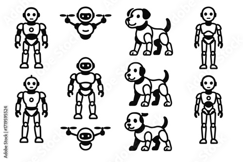 Cartoon robots and dogs pattern with simple figures and drones