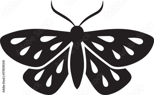 Black moth with feathery antennae and patterned wings silhouette vector, black and white silhouette vector illustration