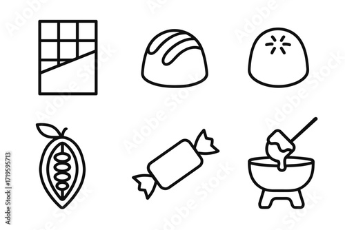 Outline icons of chocolate bar, truffle, cocoa pod, candy, and fondue bowl
