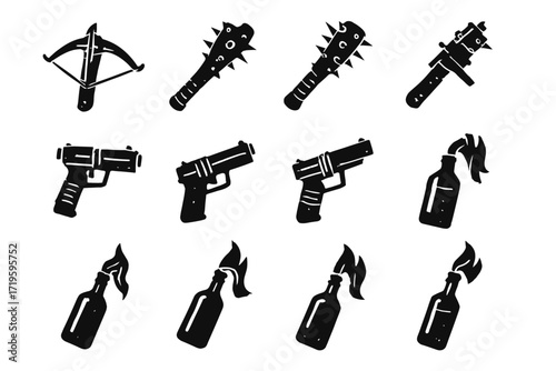 Black silhouettes of crossbow, melee weapons, handguns, and molotov cocktails