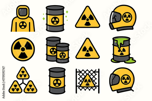 Nuclear hazard icons: protective gear and radioactive symbols collection