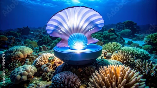 Mysterious Glowing Pearl in a Giant Clam Underwater.