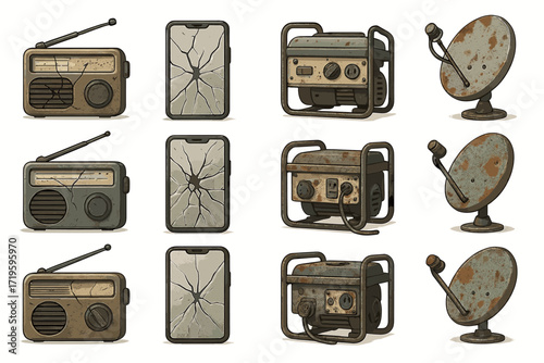 Vintage radios and antennas with cracked smartphones and generators illustration