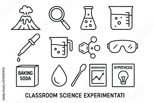 Science experiment icons: volcano, magnifying glass, beaker, safety goggles