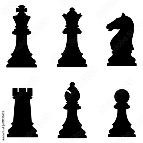 Classic Chess Pieces Black Silhouettes Vector Illustration