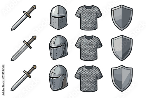 Medieval armor set with swords helmets chainmail and shields
