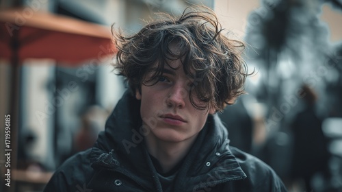 A close-up portrait of a serious young man with messy, curly hair, looking directly at the camera with a moody urban background