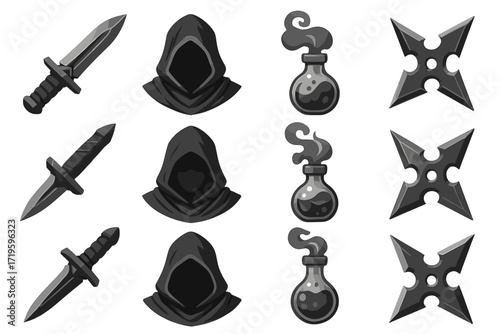 Ninja weapons and hooded figures: daggers, shurikens, and smoke bottles