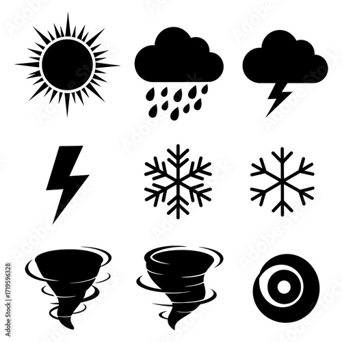 Weather Icons Sun, Rain, Cloud, Lightning, Snowflake, Tornado and Hurricane Pictograms Black Isolated