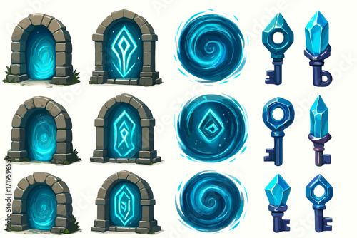 Fantasy magic portals and crystal keys with glowing symbols and swirls