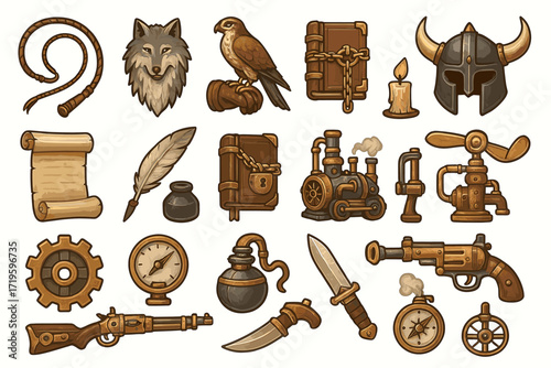 Steampunk vintage icons set featuring animals weapons and machinery elements