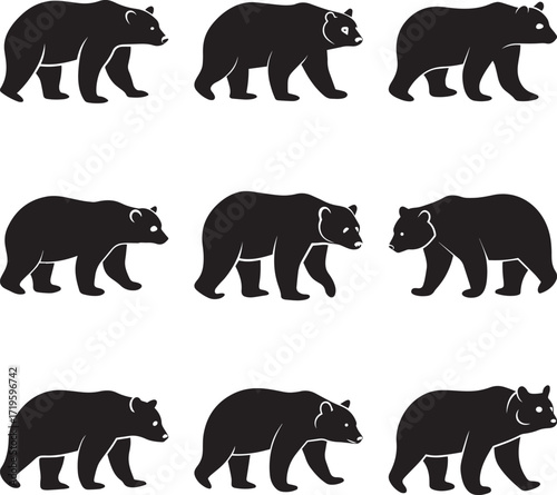 A collection of Black bear walking profile silhouette vector, black and white silhouette vector illustration