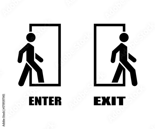 Enter and exit door symbol icons. stickman sign. Stick figure cartoon.
