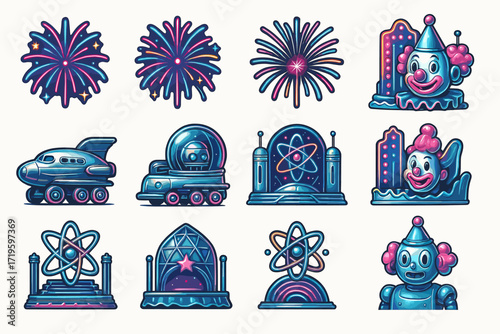 Colorful carnival and space-themed icons with fireworks and robots