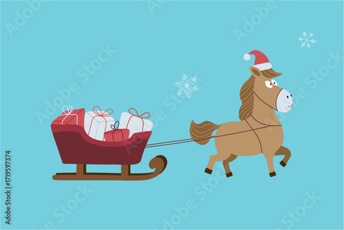 Cartoon horse wearing a Santa hat pulling a red sleigh loaded with wrapped gifts against a snowy blue background with snowflakes. A festive backdrop for Christmas and New Year's cards and poster