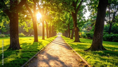 Sunlit Pathway Through Verdant Tree Lined Park in Summer with Glowing Light Cinematic View