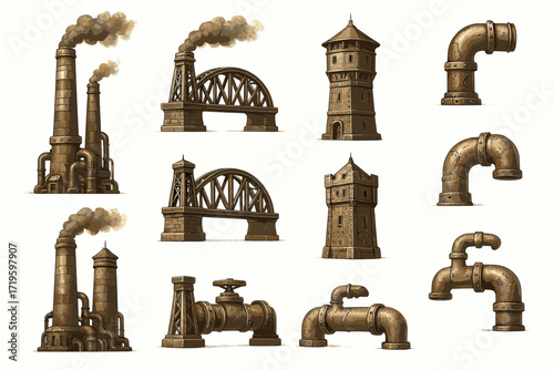 Industrial structures and pipes: factories, bridges, towers, and pipework illustrations