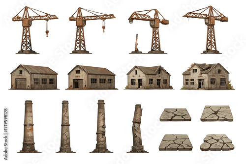 Rustic industrial structures: cranes, warehouses, chimneys, and concrete blocks