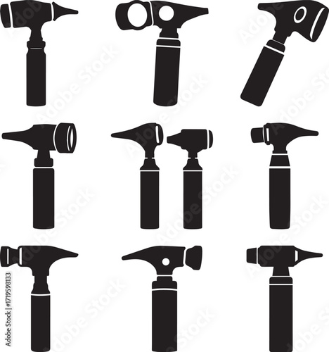 A collection of Black otoscope medical instrument silhouette vector, black and white silhouette vector illustration