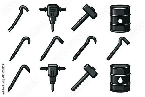 Set of industrial tools and oil barrels on white background
