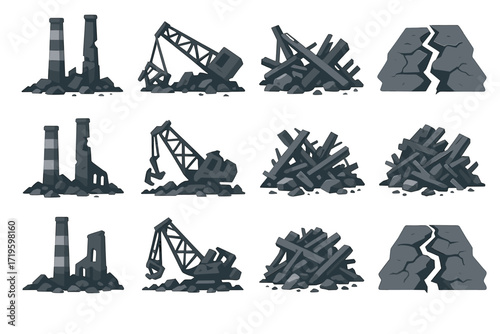 Industrial ruins and debris set with cranes, smoke stacks, and broken concrete