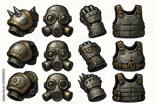 Collection of futuristic armor and gas masks with steampunk elements