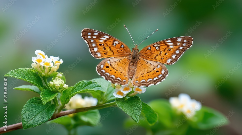 Fototapeta premium A vibrant butterfly with orange wings perched on delicate white flowers amidst lush green foliage.