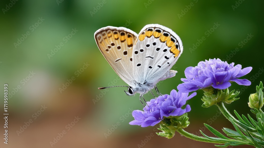 Obraz premium A delicate butterfly rests on vibrant purple flowers, showcasing its intricate wings and adding beauty to the natural scene.