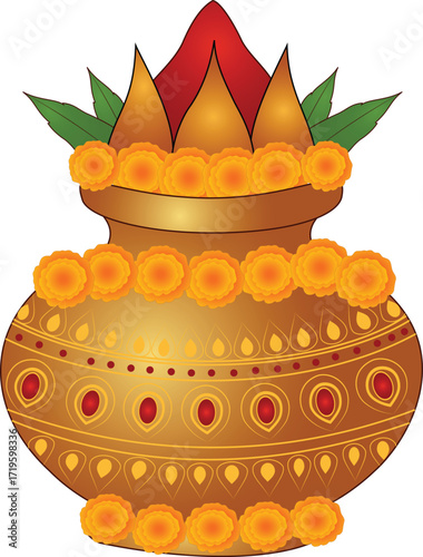 Golden Kalash with Marigold Flowers Illustration