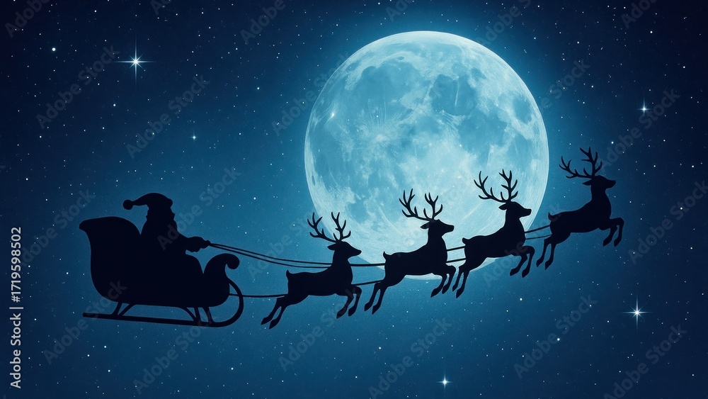 Naklejka premium Santa's sleigh under moonlight.