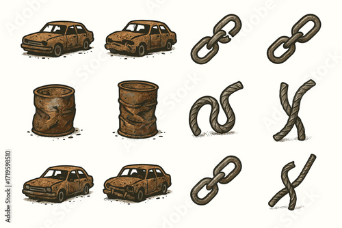 Rusty cars, chains, cans, and twisted pipes in rows
